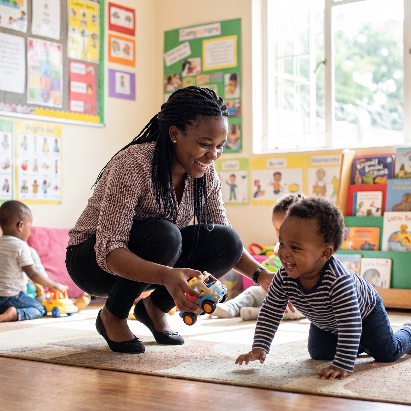 Éducatrice africaine jouant avec un bébé à la crèche