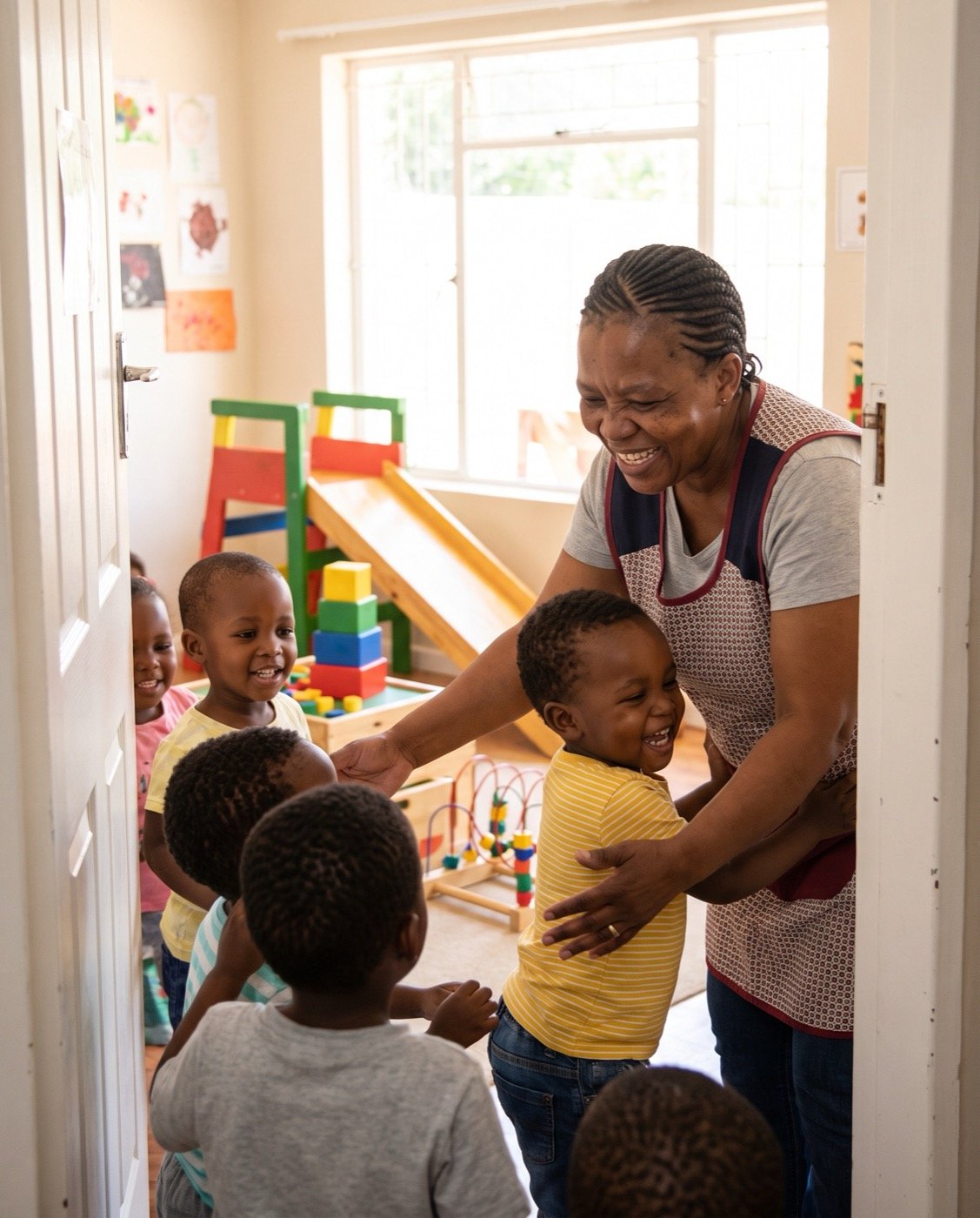 Une éducatrice africaine accueille joyeusement des enfants dans un espace de jeu coloré avec toboggan et jouets éducatifs